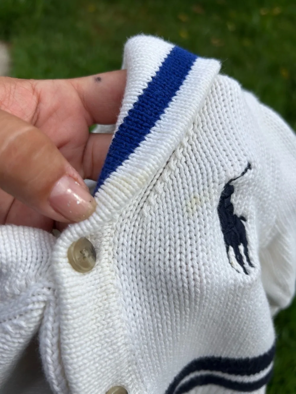 Ralph Lauren Cream Baby Shawl Cardigan with Navy Stripes flaws